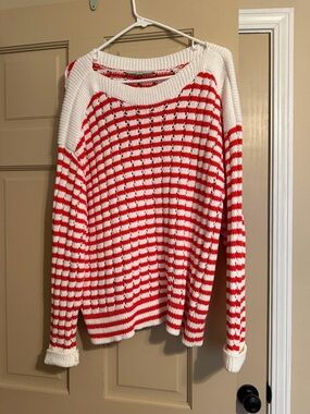 LOFT Red and White Striped Crewneck Sweater